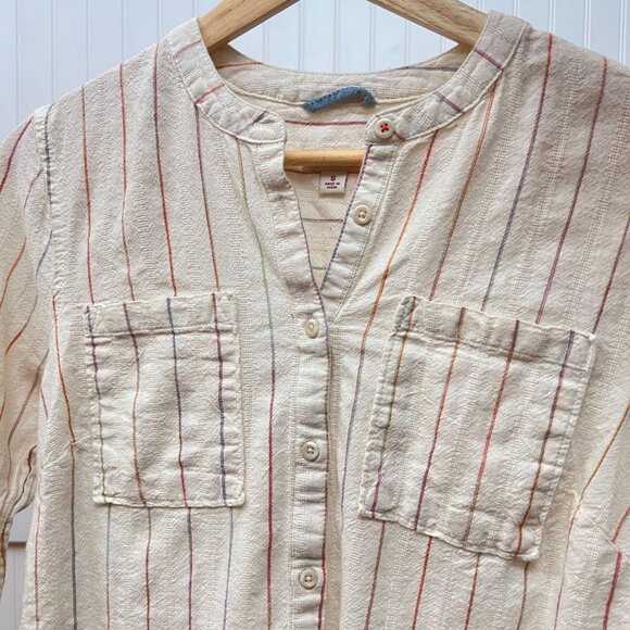 Merona Striped Rainbow 100% Cotton White Tunic Top Long Sleeve Pocket Buttons - Picture 4 of 11